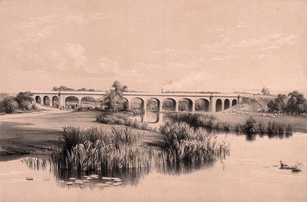 London and Birmingham Railway: the viaduct over the River Avon at Wolston, Warwickshire. Tinted lithograph by J.C. Bourne, 1838.