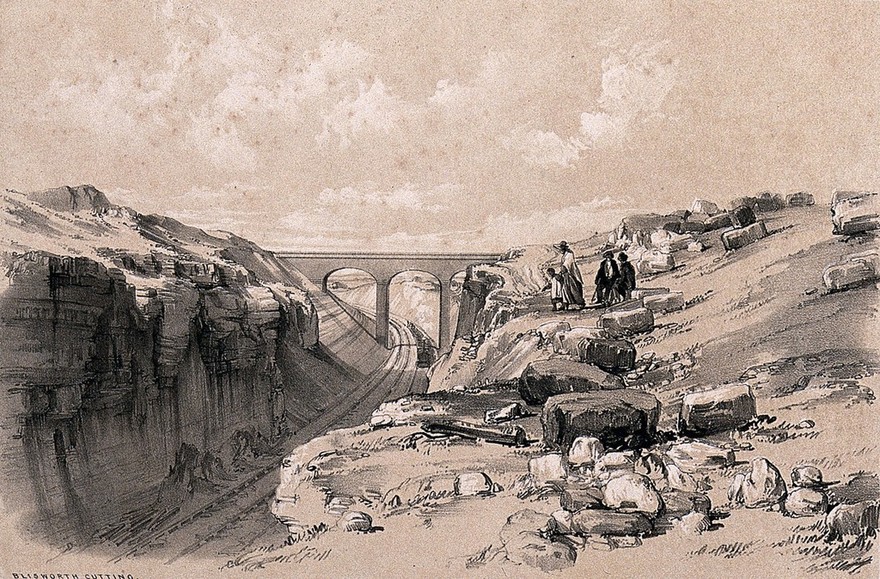 London and Birmingham Railway: the railway track cut through rock at Blisworth, Northamptonshire, with a viaduct built to cross it. Tinted lithograph by J.C. Bourne, 1838.