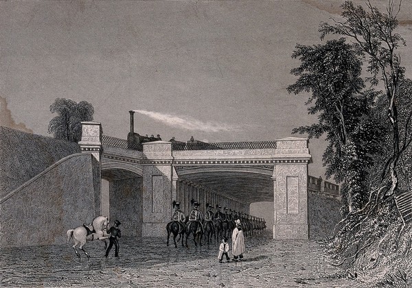 Denbigh Hall Bridge carrying the London and Birmingham Railway at Bletchley, Buckinghamshire: soldiers on horseback ride under the bridge as a train passes overhead. Engraving by W. Radclyffe, 1839, after G. Dodgson.