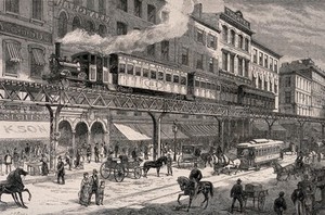 view A steam train travelling on a track situated along the sidewalk above the level of the shops in New York; carriages and horse-drawn trolley buses are in the street. Wood engraving by J.R. Brown.