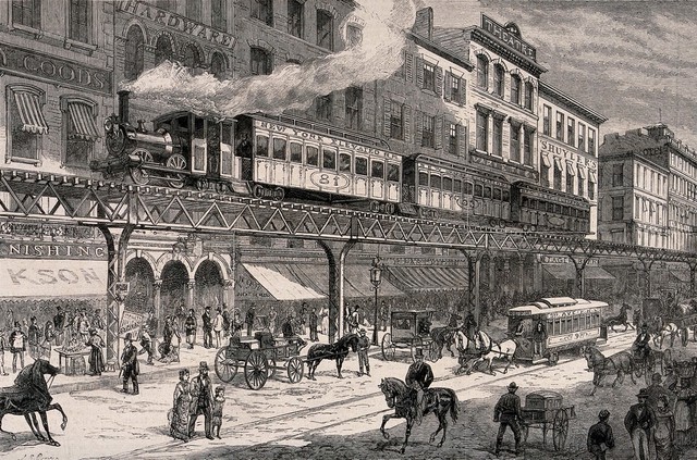A steam train travelling on a track situated along the sidewalk above the level of the shops in New York; carriages and horse-drawn trolley buses are in the street. Wood engraving by J.R. Brown.