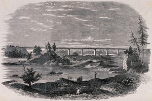 view A long railway bridge crosses a rocky and watery landscape. Wood engraving.