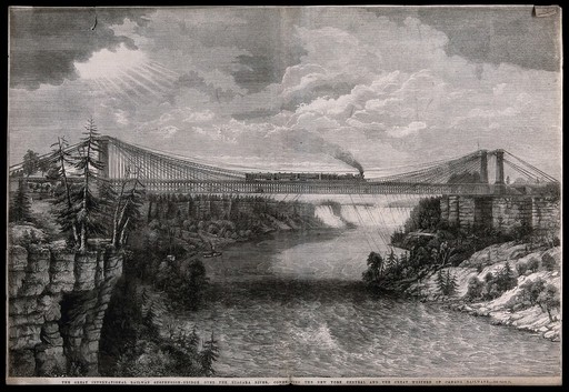 A large bridge is suspended over a river and a train is travelling on it. Wood engraving.