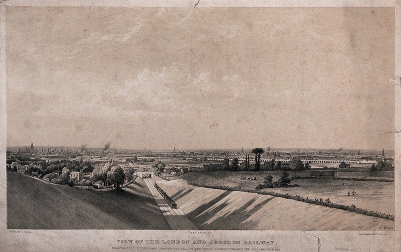 A steam train travelling on the London and Croydon Railway towards London Bridge. Tinted lithograph by E. Duncan, 1838., 1st June 1838, by Edward Duncan