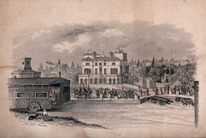 view The Royal Hotel, Slough, with a train arriving at the adjacent railway station attended by mounted guardsmen and cheering crowds. Engraving, 184-.