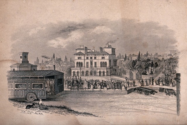 The Royal Hotel, Slough, with a train arriving at the adjacent railway station attended by mounted guardsmen and cheering crowds. Engraving, 184-.