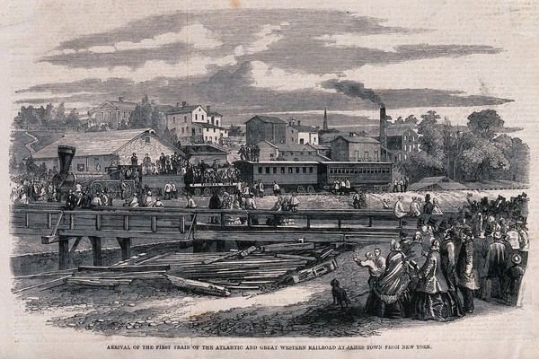 Jamestown, New York: the first train arriving from New York City. Wood engraving, 1860.