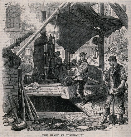 Men hauling excavated soil up a shaft in a bucket suspended from a rope, driven by a steam hoist. Wood engraving, 1868.