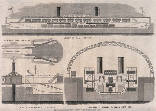 A steamboat and some its internal and external workings. Wood engraving.