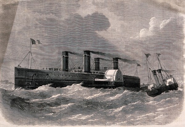 A steamer designed to carry a train across the English Channel. Wood engraving.