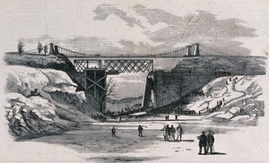 view The fall of a railway train from a bridge in Hamilton, Ontario. Wood engraving, 1857.