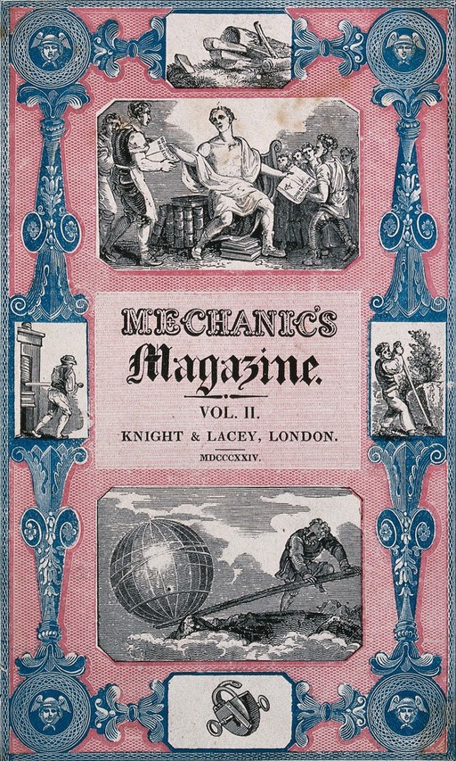 A man is handing out booklets to young men and a man is attempting to move a large sphere using a plank as a lever. Colour engraving.