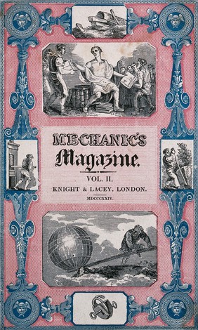 A man is handing out issues of the Mechanic's magazine to engineers, and Archimedes moving the Earth using a plank as a lever. Colour engraving, 1824.