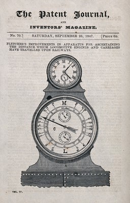 A clock and a further instrument of measurement. Line block process print.
