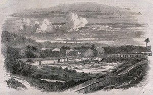 view Bahia railway station, Bahia, Brazil. Wood engraving by R.P. Leitch after B. Mulock.