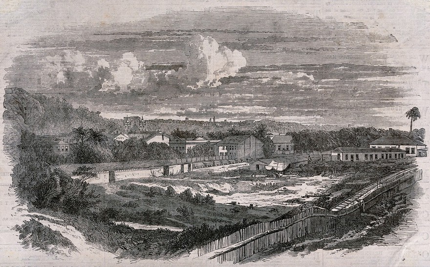 Bahia railway station, Bahia, Brazil. Wood engraving by R.P. Leitch after B. Mulock.
