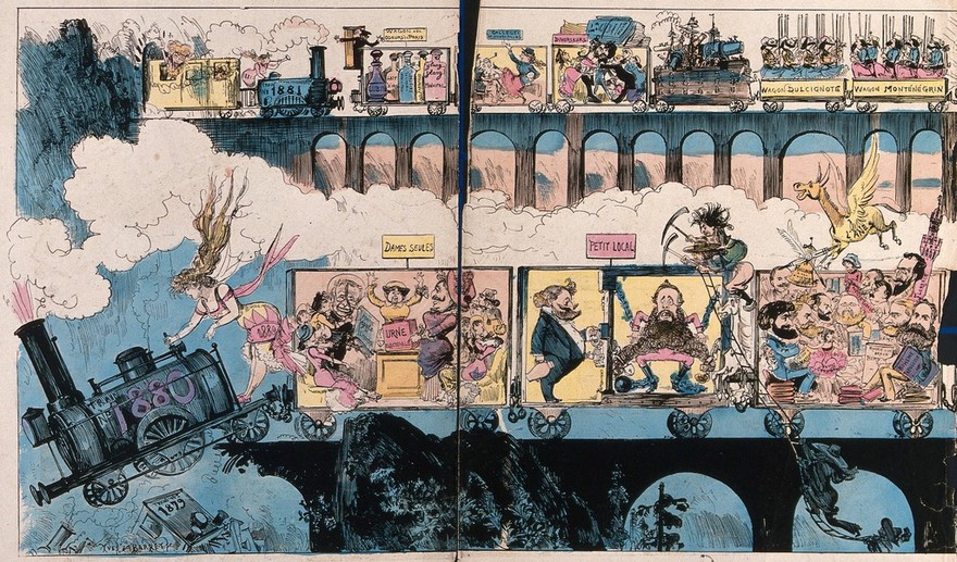 A steam locomotive  is falling off the edge of a broken bridge, with a woman hanging on to the back. Coloured wood engraving by Yves et Barret, 1879.