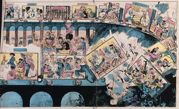 Railway carriages of a train representing the year 1880 are hit by an explosion caused by women. Coloured wood engraving by Yves et Barret, 1879.