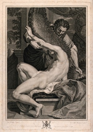 view Daedalus attaching wings to the shoulders of his son Icarus. Stipple engraving by G.S. & E.G. Facius after C. Le Brun.