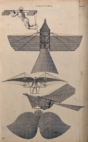 Men with various flying machines strapped to them. Engraving.