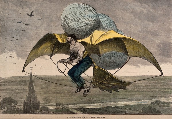 A man flying above a church with wings and balloons attached to him. Coloured wood engraving, 1877.