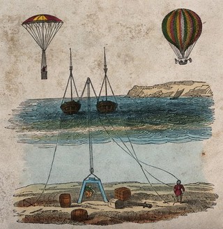 Two balloons in the air over boats in the water to which lines are attached from an anchoring system on the sea bed. Coloured wood engraving.