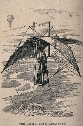 A man flying in a frame with wings attached and covering him; in the distance, a balloon. Wood engraving, 1874 (?).