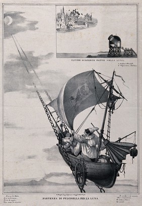 A man wearing a costume and a mask and holding a sail is riding in a boat with wheels and chains attached to it. Lithograph.