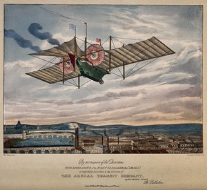 view A large flying machine with sails and propellers is travelling over a town. Colour lithograph by W.L. Walton.