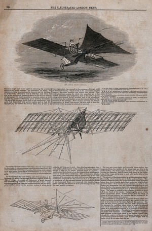 view A flying contraption with large wings travels over the water. Wood engraving, 1843.