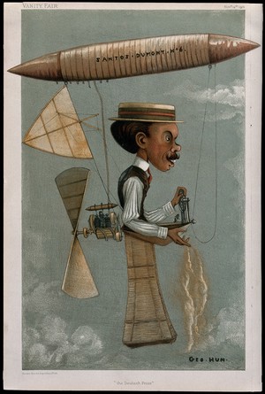 view Alberto Santos-Dumont, aviator, with an airship attached to his head and a propeller strapped to his back. Colour lithograph after Geo. Hum., 1901.