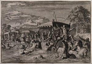 view King Henri IV and Queen Marie de' Medici are submerged in the Seine in an accident when crossing the river in carriages. Etching.