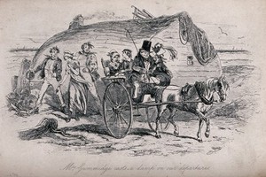 view A newly-wed couple (Barkis and Clara Peggotty) set off in a cart from the beach, accompanied by David Copperfield and Emily: Mr Peggotty tries to persuade Mrs Gummidge to throw a shoe after them. Etching by Hablot K. Browne, 1849.