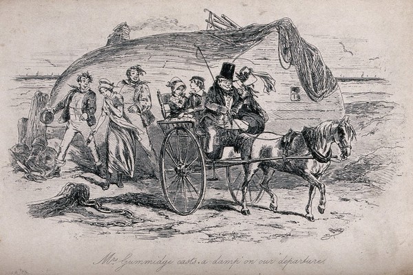 A newly-wed couple (Barkis and Clara Peggotty) set off in a cart from the beach, accompanied by David Copperfield and Emily: Mr Peggotty tries to persuade Mrs Gummidge to throw a shoe after them. Etching by Hablot K. Browne, 1849.