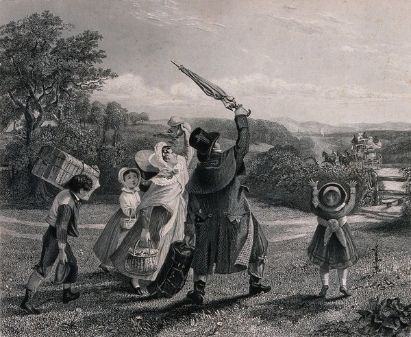 A family setting off on a journey have missed the coach which is disappearing into the distance. Engraving by Joseph Rolls after J.J. Chalon.