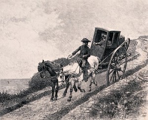 view A carriage carrying two people travelling along the road. Etching by A. Lalauze after J.R. Goubie.