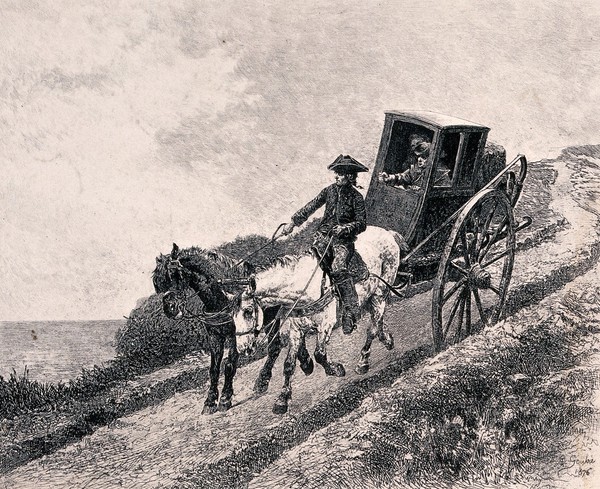 A carriage carrying two people travelling along the road. Etching by A. Lalauze after J.R. Goubie.