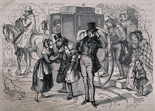 A young woman tends to a man who is looking ill, as people from the house climb into the carriage. Wood engraving by Gray after H.K. Browne.