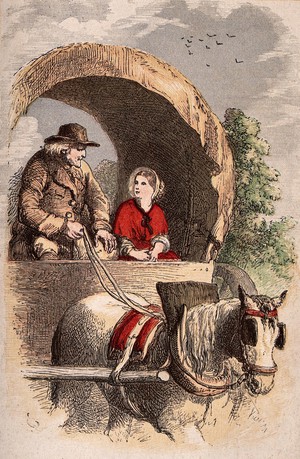 view A young woman and an old man riding in a large horse-drawn wagon. Coloured line block process print.