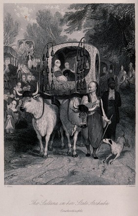 A sister of the Sultan of the Ottoman empire being conveyed in her official carriage drawn by two oxen. Engraving by J. Jenkins after T. Allom.