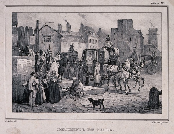 A horse-drawn carriage has arrived at a church in a poor part of a town: a newly wed couple walk down the steps towards it as the coachman holds the door open and spectators stand by. Lithograph by C. Motte after V. Adam.