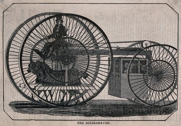 A vehicle with two large and two small wheels and a man sitting between the two larger ones; there are two horses below him and people are travelling in a box situated between the two smaller wheels. Wood engraving.