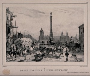 view Place du Châtelet, Paris: a cart loaded with hay, a white carriage with two white horses ("Dame Blanche"), a working cart and a handcart pulled by a young boy are all gathered on the square. Lithograph by Ch. Motte, 1829, after V. Adam.