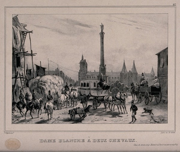 Place du Châtelet, Paris: a cart loaded with hay, a white carriage with two white horses ("Dame Blanche"), a working cart and a handcart pulled by a young boy are all gathered on the square. Lithograph by Ch. Motte, 1829, after V. Adam.