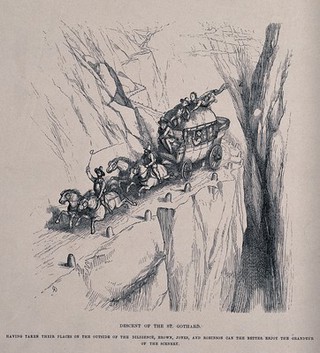 A coach heavily laden with passengers, some on the top, is being driven at speed around a hairpin bend on the St Gothard pass. Electrotype after a wood engraving after R. Doyle.