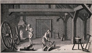 view Men are working with picks and axes to make wheels for carriages and carts. Engraving by A.J. Defehrt after L.J. Goussier.