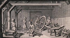 view Men are working with mallets to fit the pieces together to make wheels. Engraving by Bénard after L.J. Goussier.