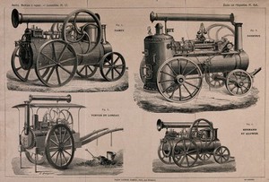 view Four steam locomotives. Engraving by E. Bourdelin.