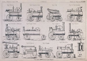 view Types of steam locomotive. Engraving.