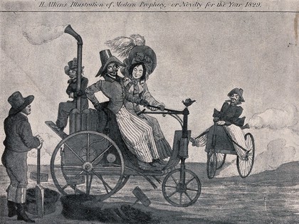 A man and a woman riding in a steam-driven buggy as another man rides a single one with stirrups attached. Process print after H.T. Alken.